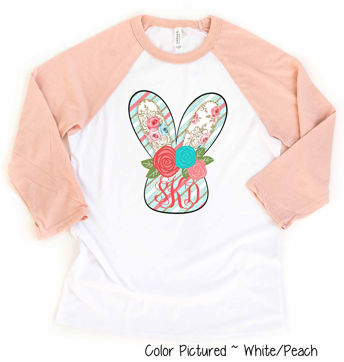 Monogram Blue and Rose Bunny Head Easter Raglan Tee