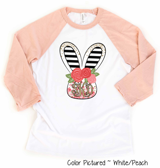 Monogram Rose and Black Bunny Head Easter Raglan Tee