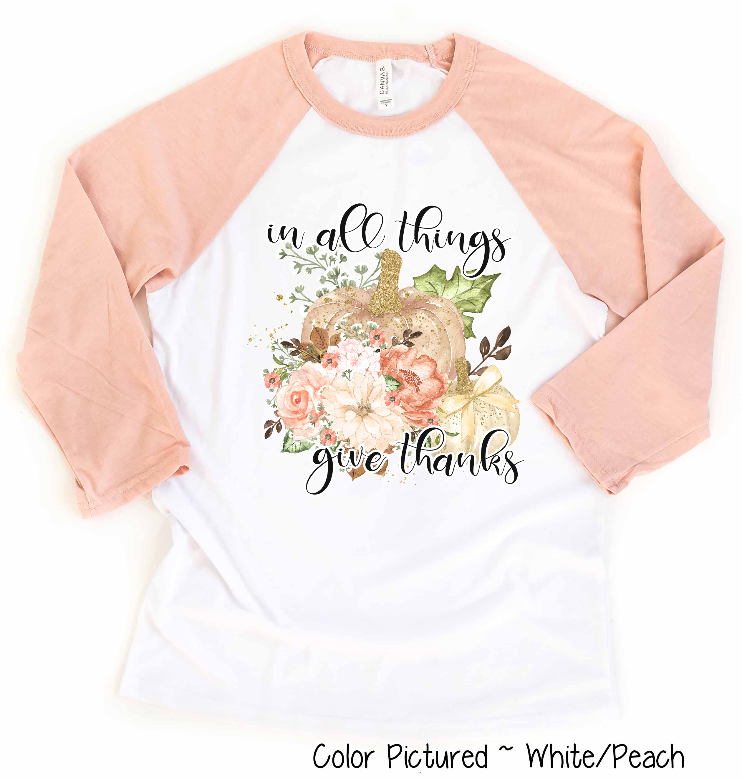 In All Things Give Thanks Pink Floral Pumpkin Raglan Tee