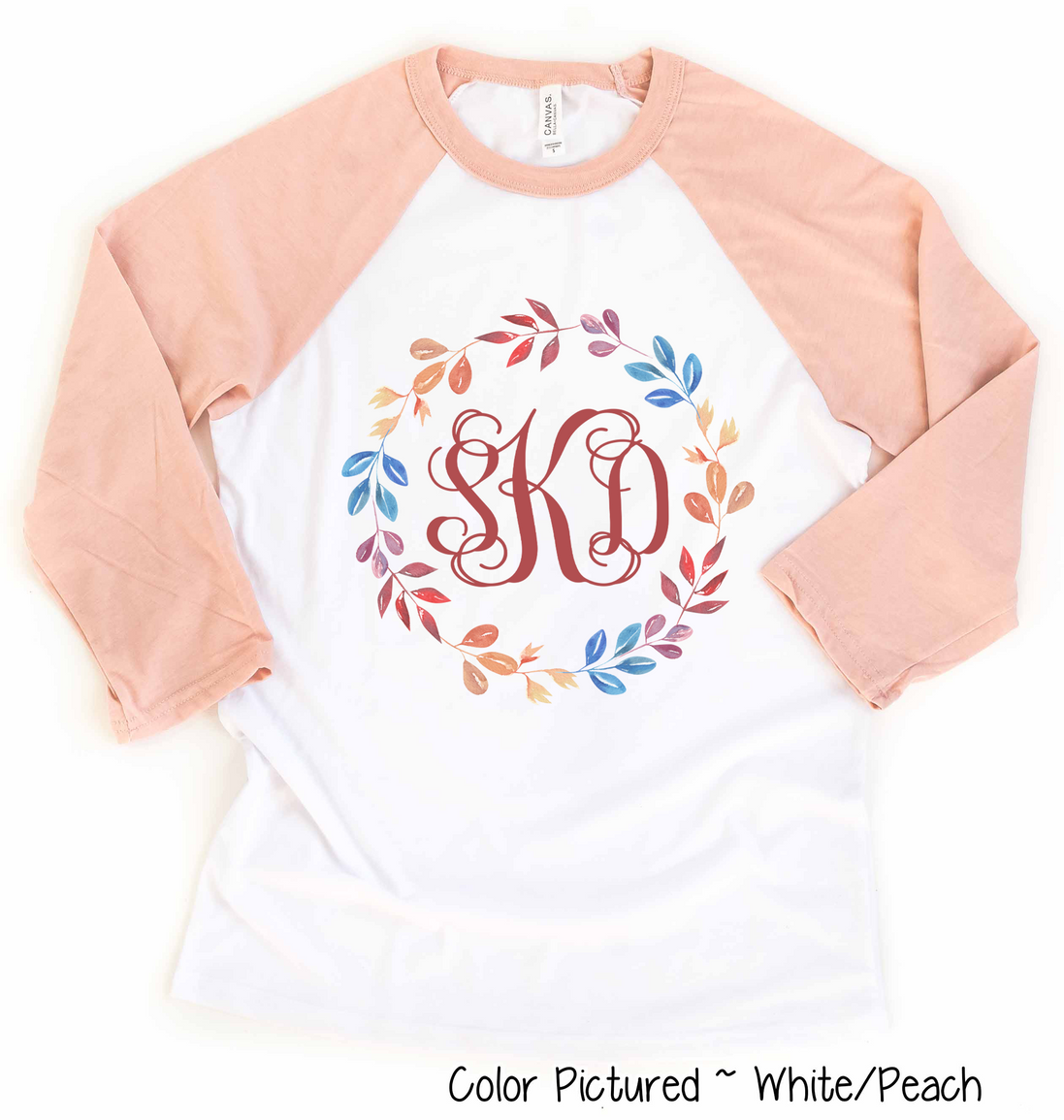 Monogram Watercolor Fall Leaf Wreath Raglan Tee
