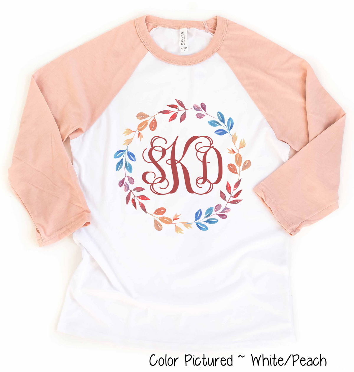 Monogram Watercolor Fall Leaf Wreath Raglan Tee