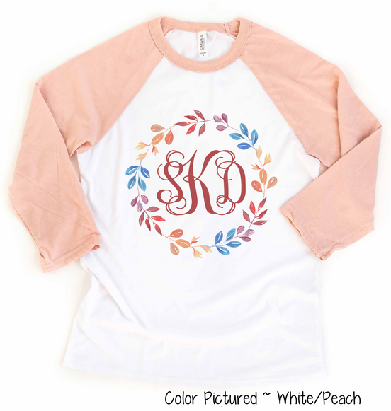 Monogram Watercolor Fall Leaf Wreath Raglan Tee