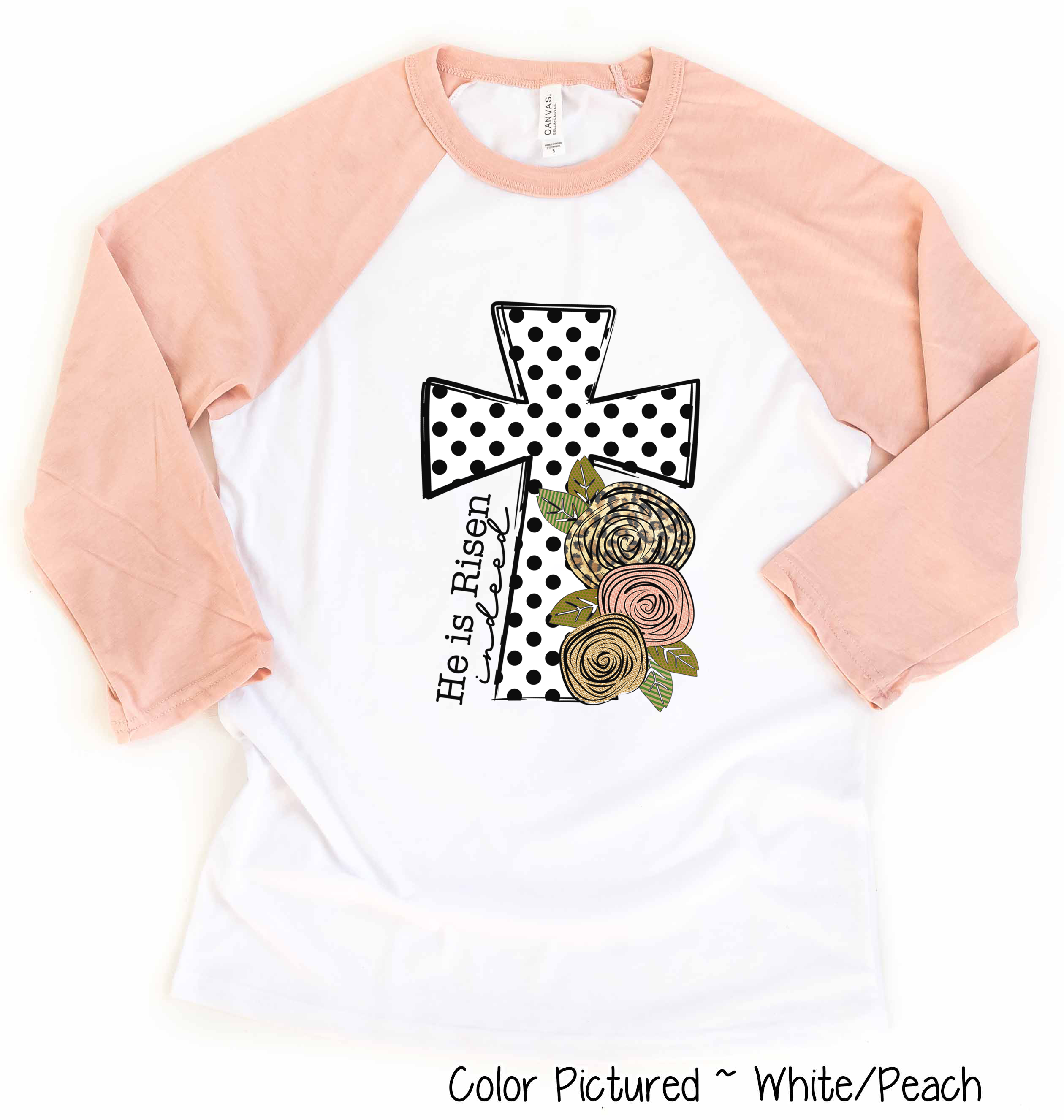 He Is Risen Black Dot Cross Easter Raglan Tee