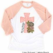He Is Risen Pink Leopard Cross Easter Raglan Tee