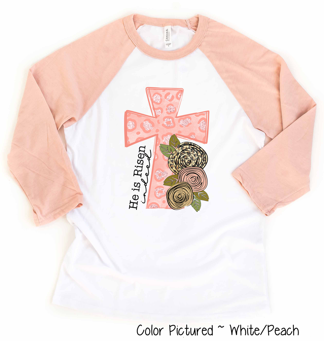 He Is Risen Pink Leopard Cross Easter Raglan Tee