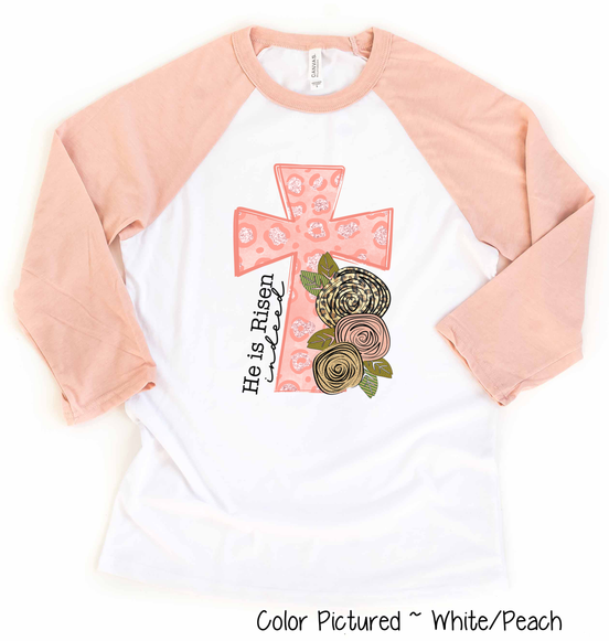 He Is Risen Pink Leopard Cross Easter Raglan Tee