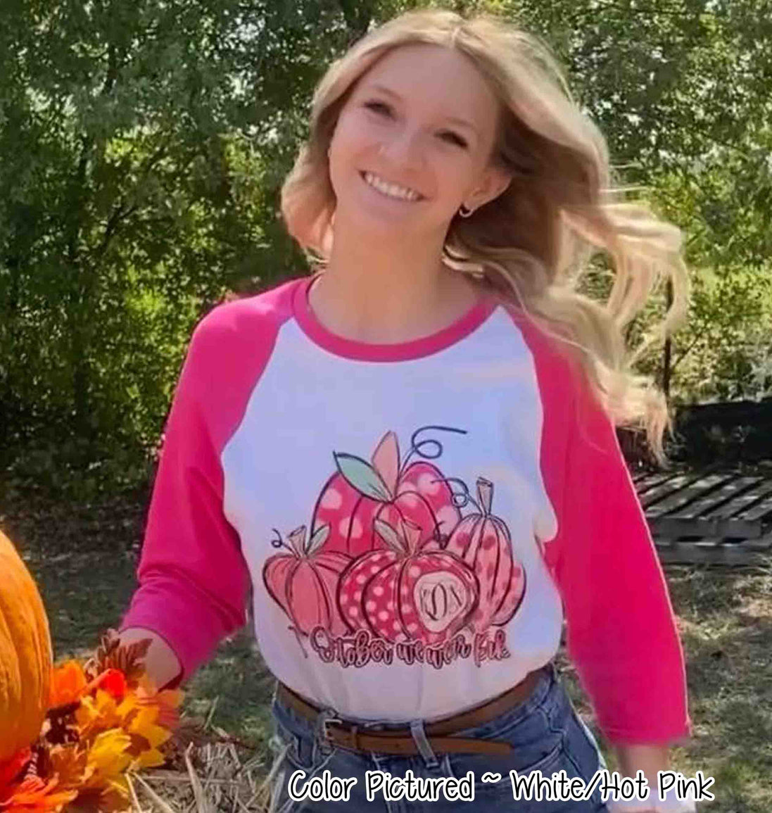 Pink Monogrammed Pumpkins ~ In October We Wear Pink ~ Breast Cancer Awareness Raglan Tee