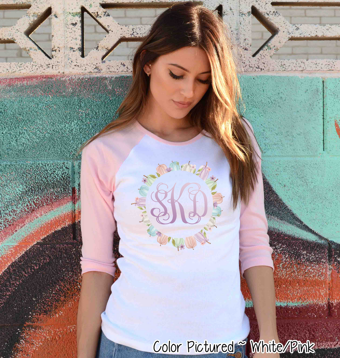 Monogram Pastel Pumkin Wreath Raglan Tee