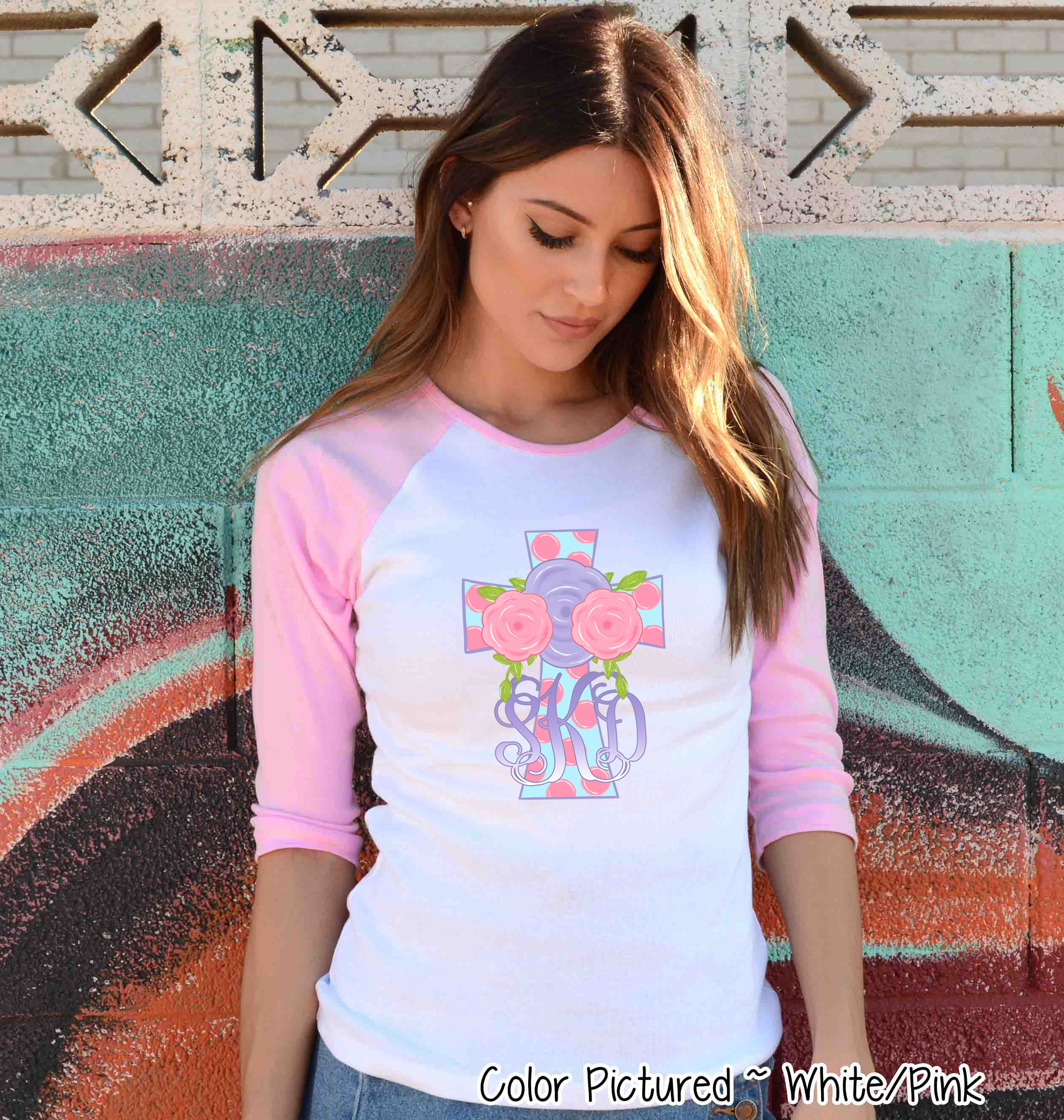 Monogram Pink Polka Dot Easter Cross Raglan Tee