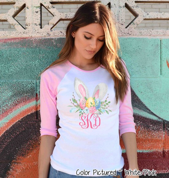 Monogram Bunny Ears with Eggs Raglan Tee