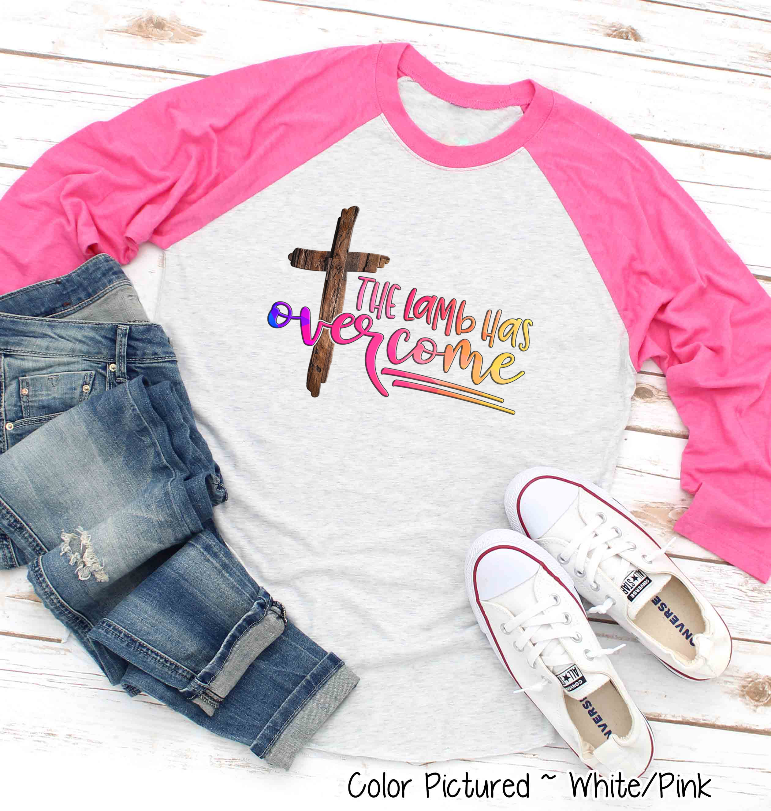 The Lamb has Overcome Cross Raglan Tee