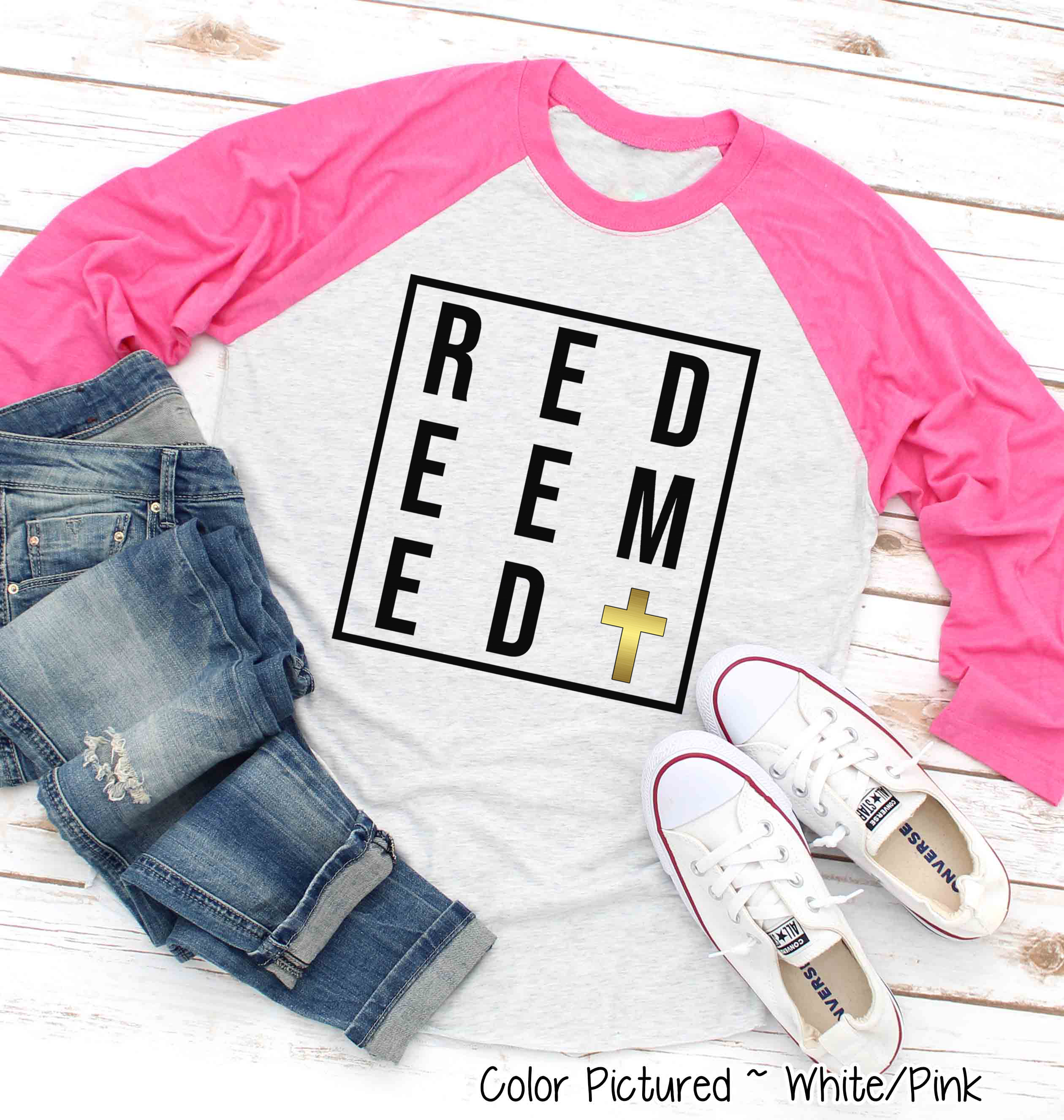 Redeemed with Gold Cross Easter Raglan Tee