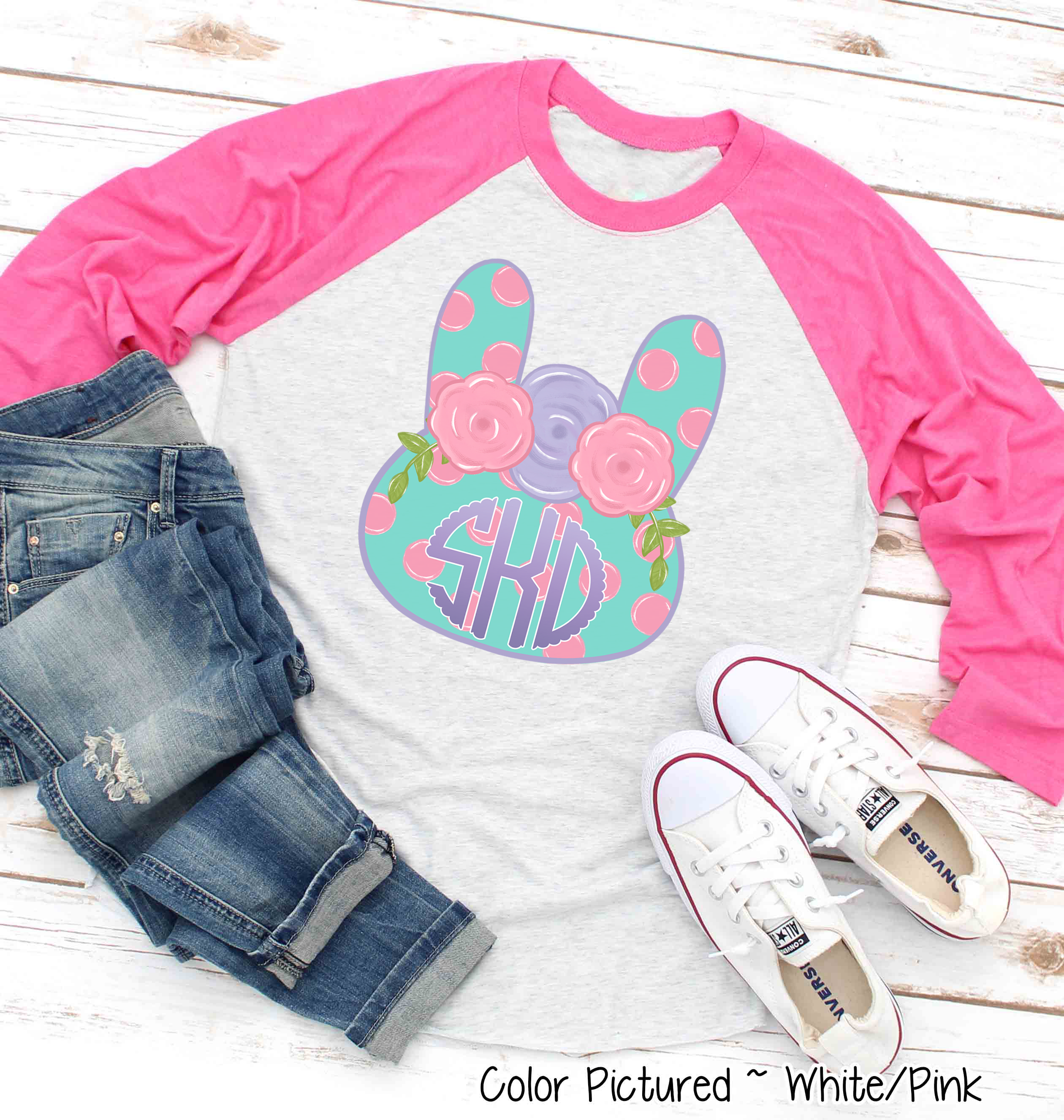 Monogram Polka Dot Bunny Head Easter Raglan Tee