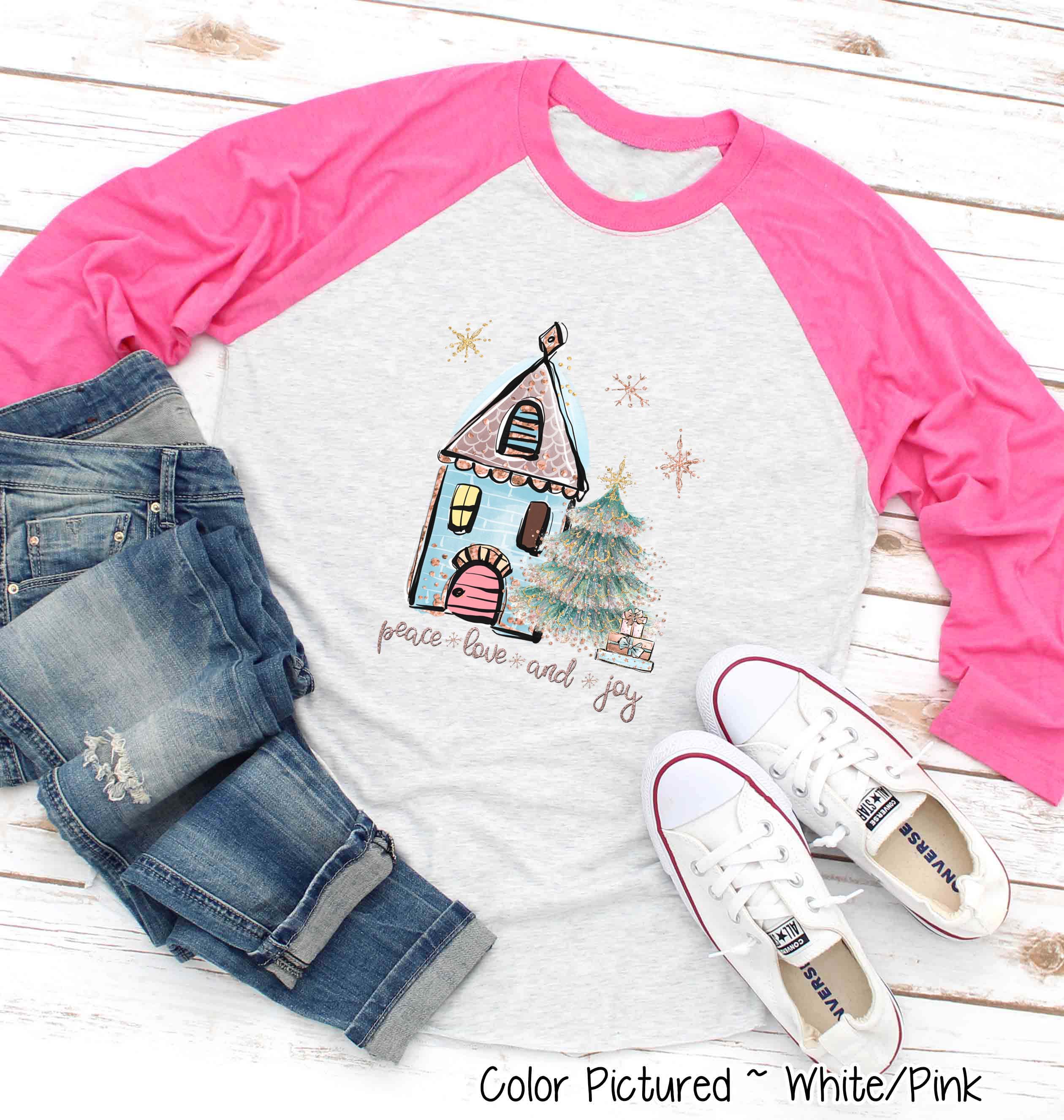 Peace Love Joy House Christmas Raglan Tee