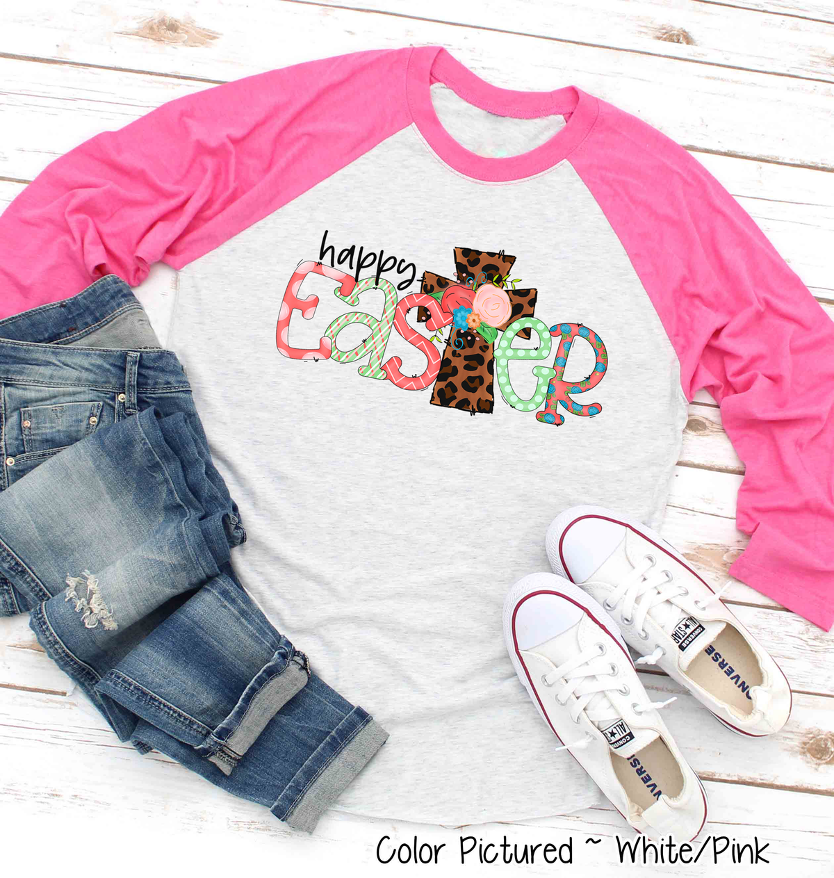 Happy Easter with Leopard Print Cross Raglan Tee
