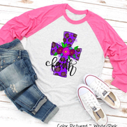 Purple Leopard Watercolor Faith Cross Easter Raglan Tee