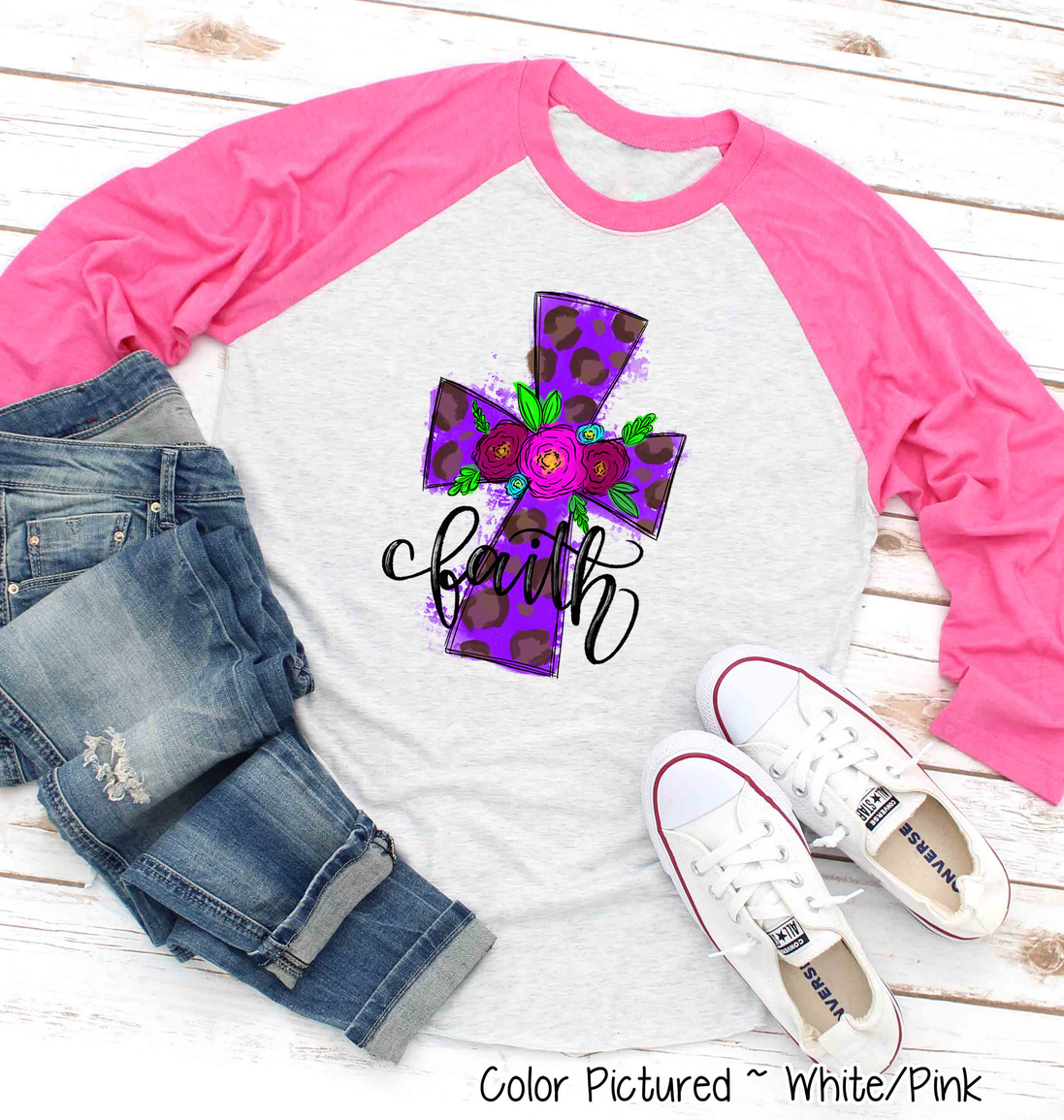 Purple Leopard Watercolor Faith Cross Easter Raglan Tee