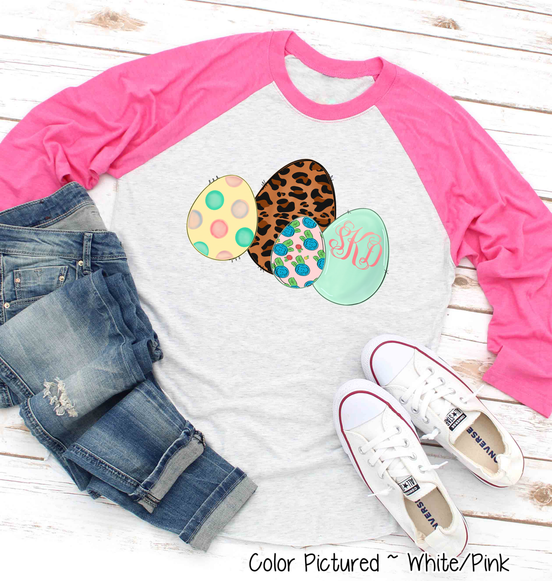 Monogram Leopard Print Easter Eggs Raglan Tee