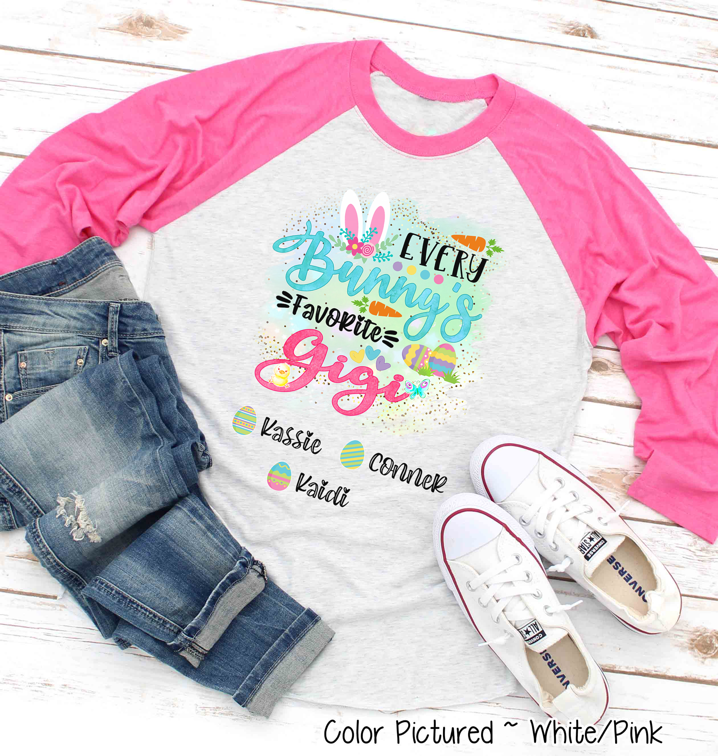 Personalized Shirt For Gigi Every Bunny's Favorite & Easter Eggs with Custom Grandkids Name Easter Day Raglan Tee