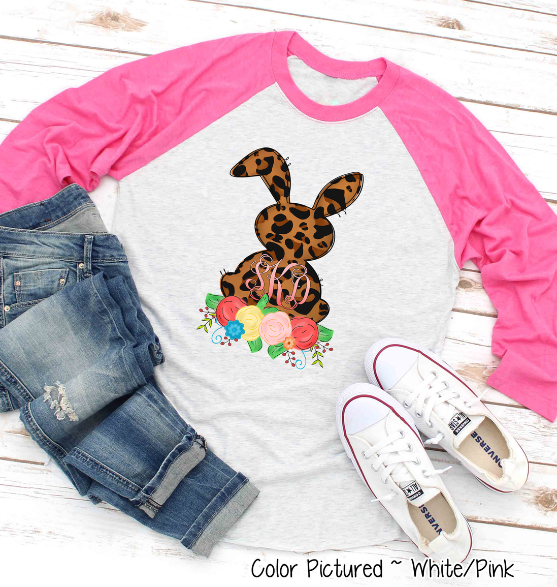Monogram Leopard Print Easter Bunny Raglan Tee