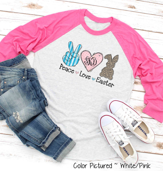 Monogram Peace, Love, Easter Bunny Raglan Tee