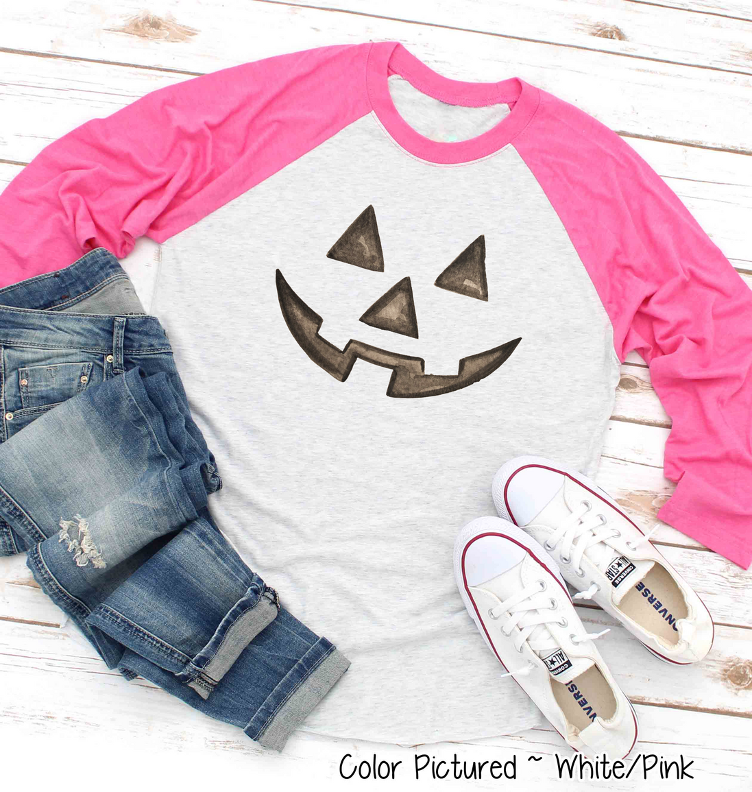 Watercolor Jack O Lantern Pumpkin Face Raglan Shirt