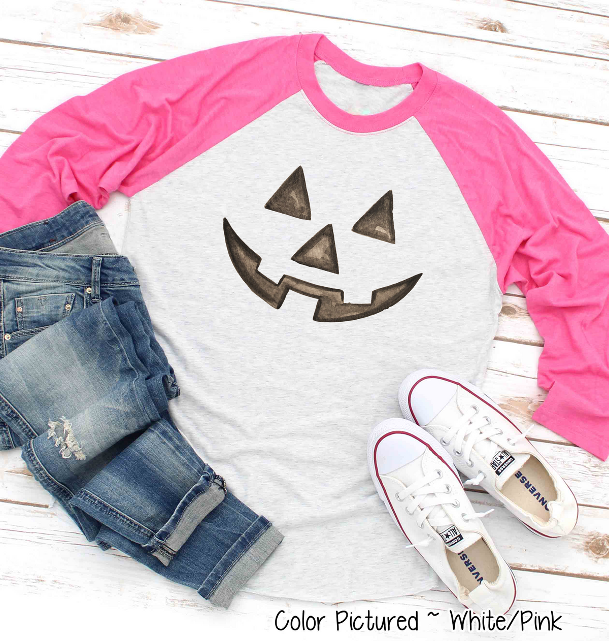 Watercolor Jack O Lantern Pumpkin Face Raglan Shirt