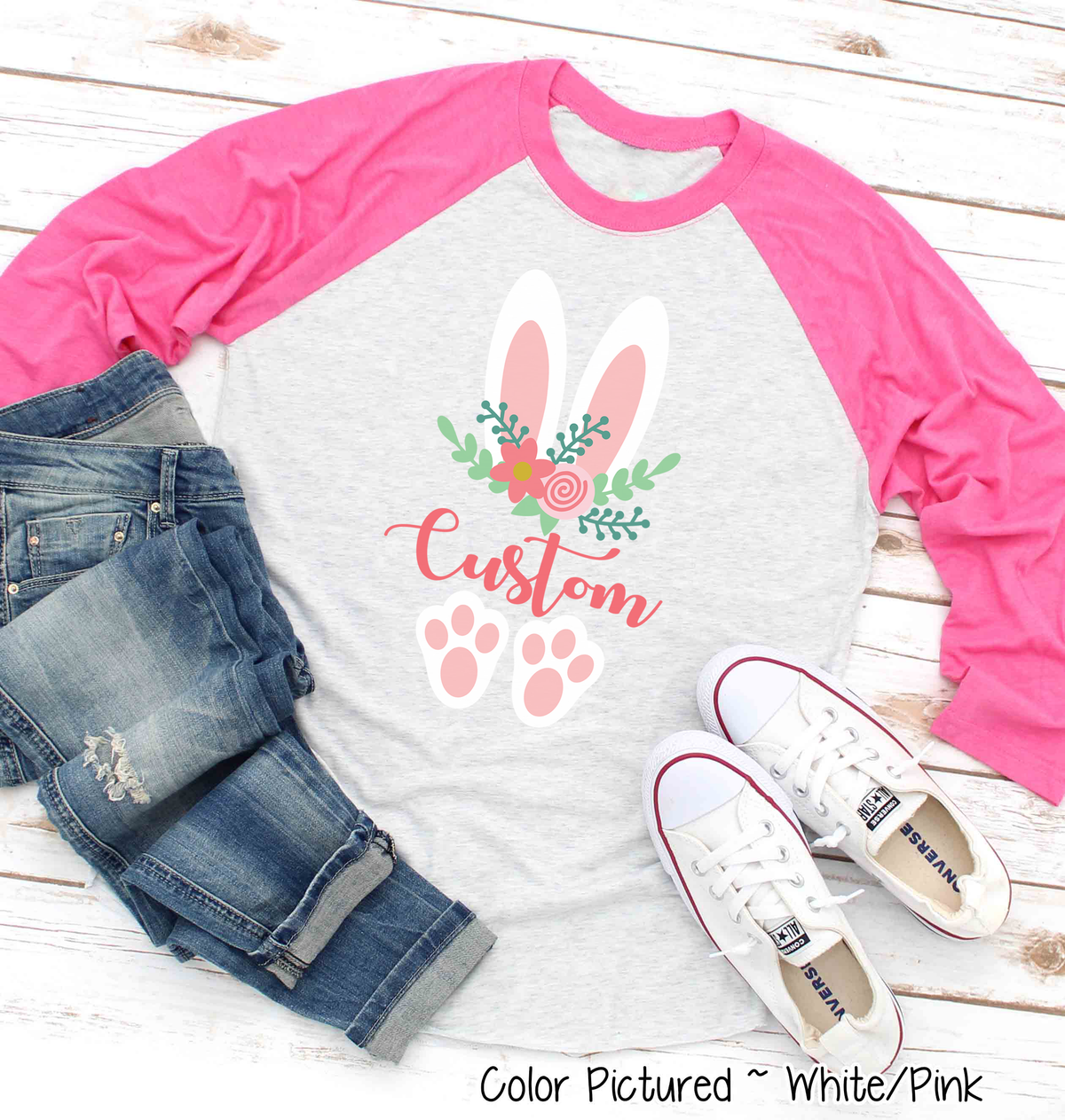 Floral Bunny Ears & Feet with Custom Name Easter Raglan Tee