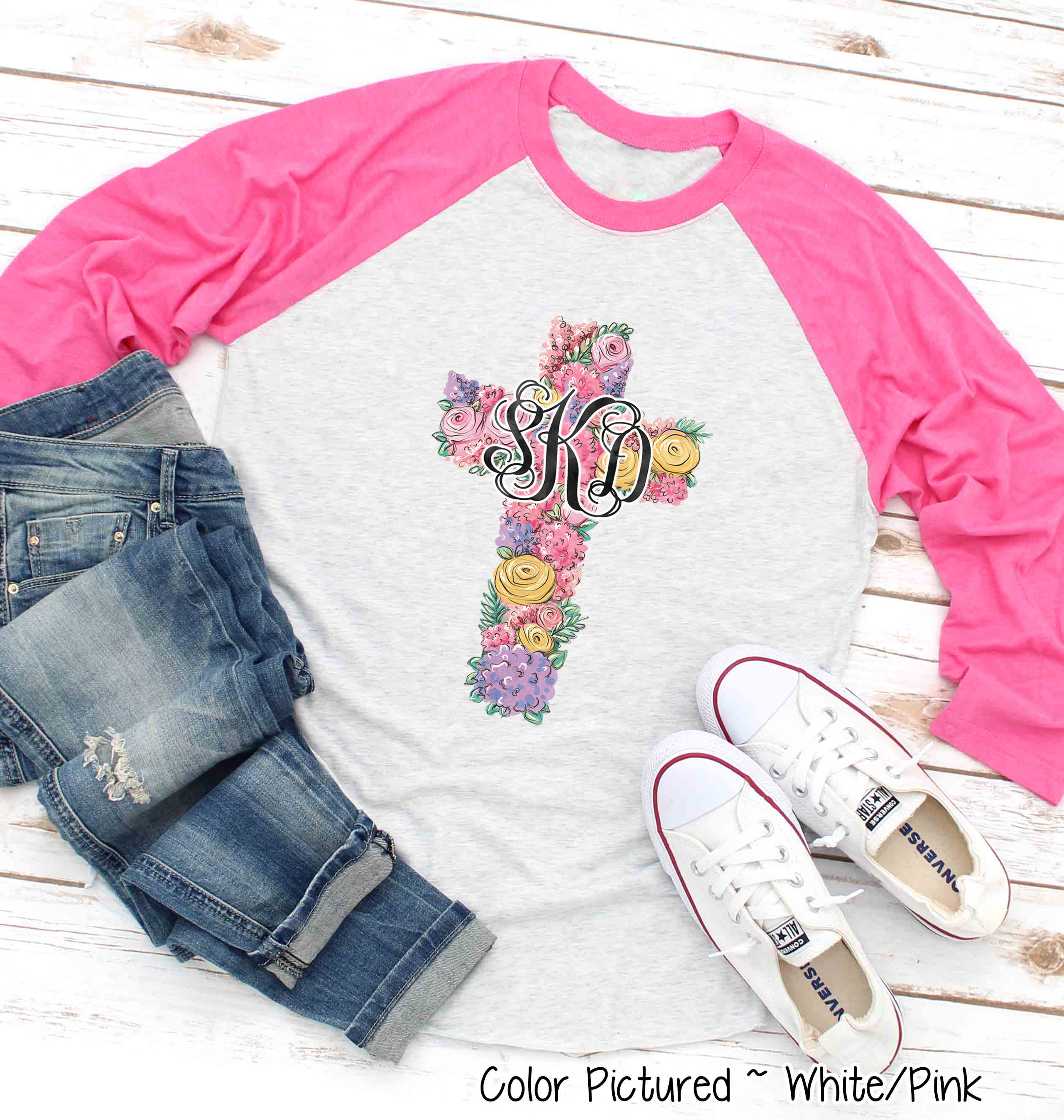 Monogram Floral Cross Raglan Tee