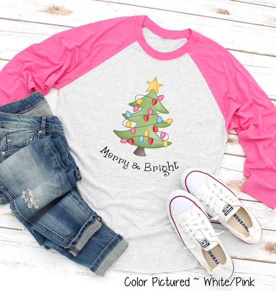 Merry & Bright Christmas Tree Raglan Tee