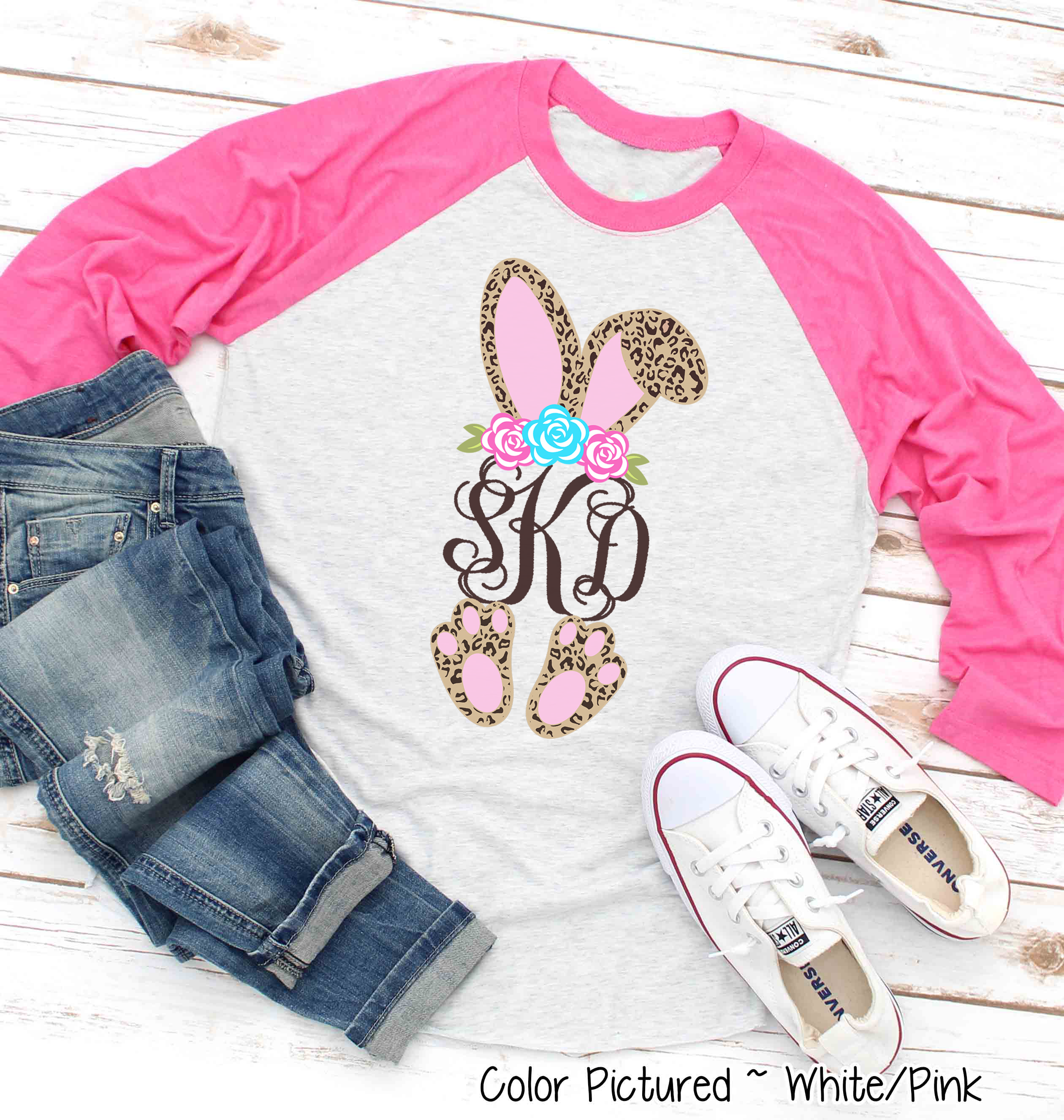 Monogram Cheetah Leopard Print Bunny Ears Easter Raglan Tee