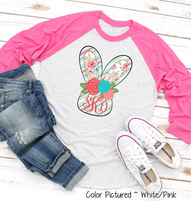 Monogram Blue and Rose Bunny Head Easter Raglan Tee