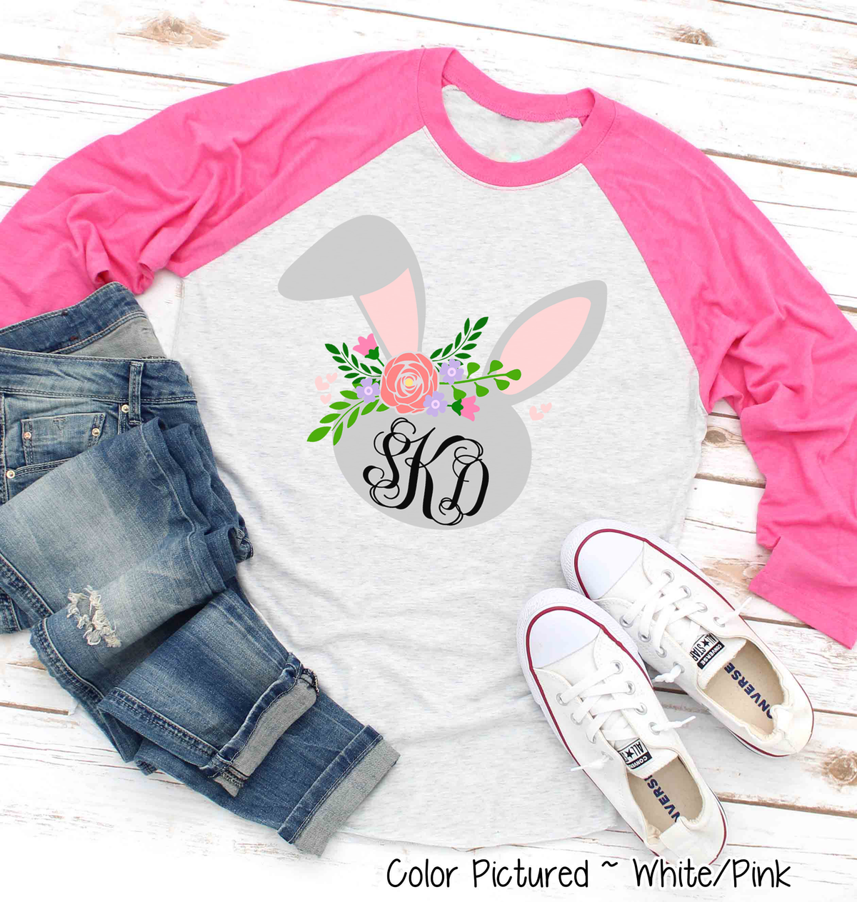 Monogram Floral Bunny Head Easter Raglan Tee