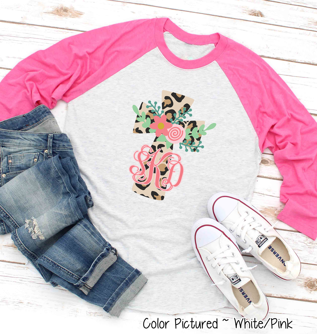 Monogram Floral Leopard Cross Raglan Tee