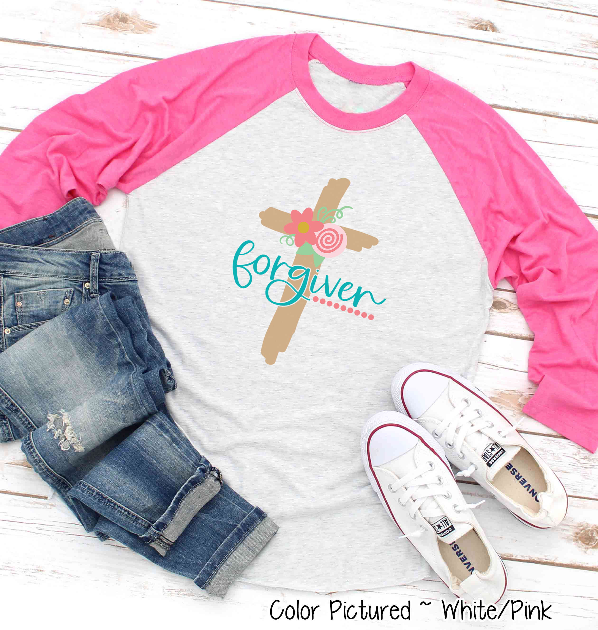 Forgiven Floral Easter Cross Raglan Tee
