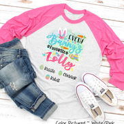 Personalized Shirt For Lolly Every Bunny's Favorite & Easter Eggs with Custom Grandkids Name Easter Day Raglan Tee