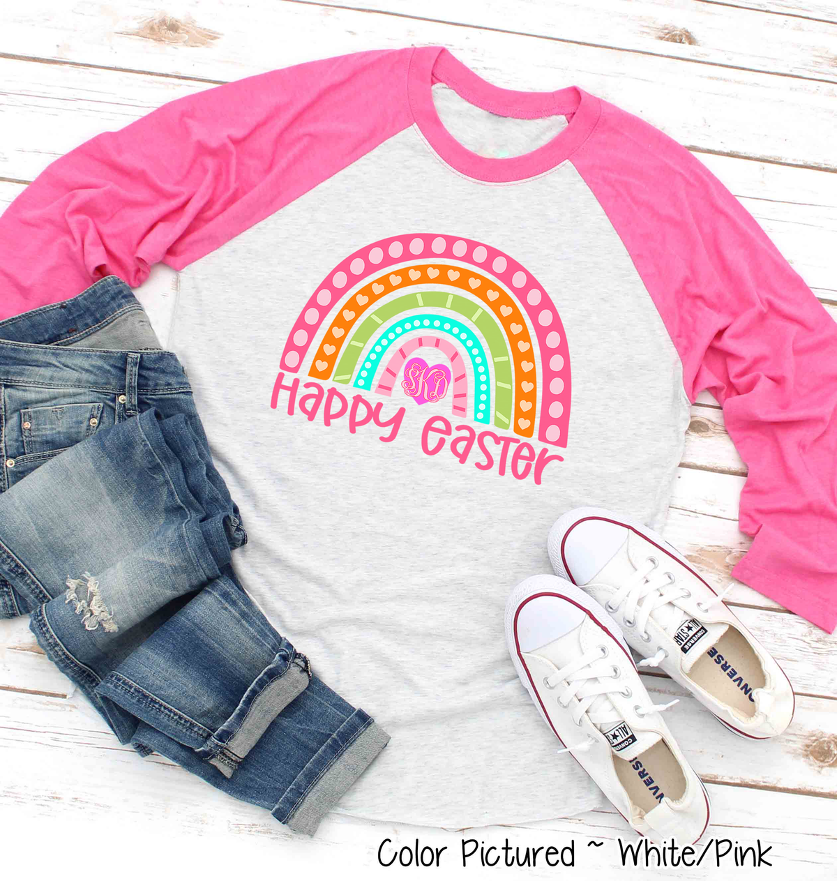 Monogram Happy Easter Rainbow Raglan Tee