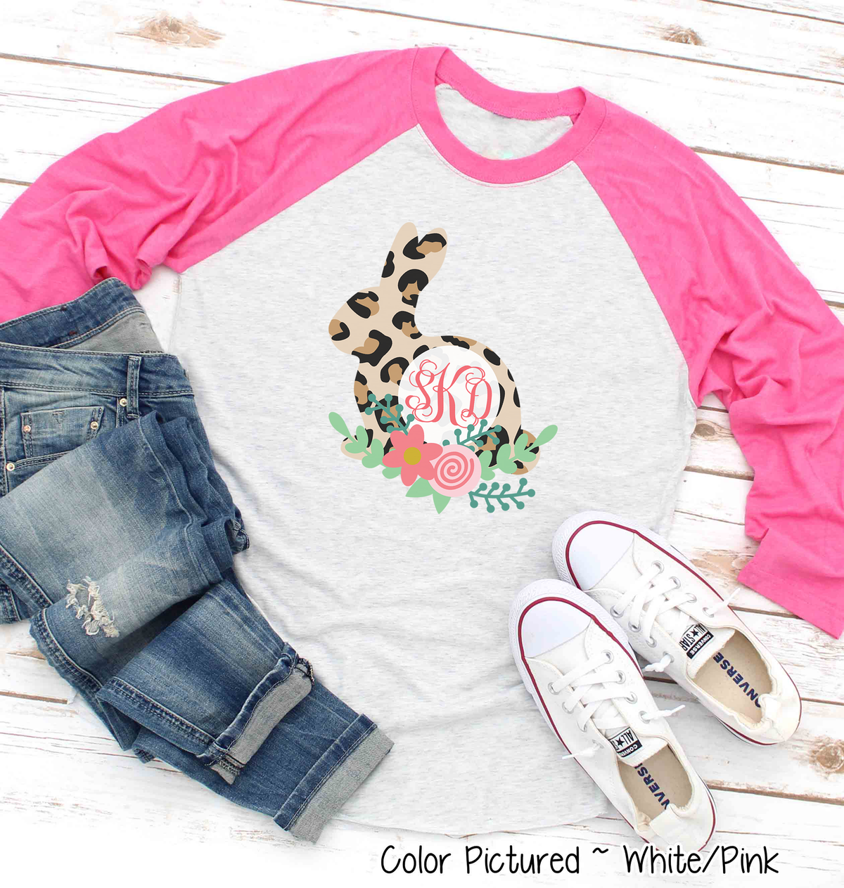 Monogram Leopard Print Easter Rabbit Raglan Tee
