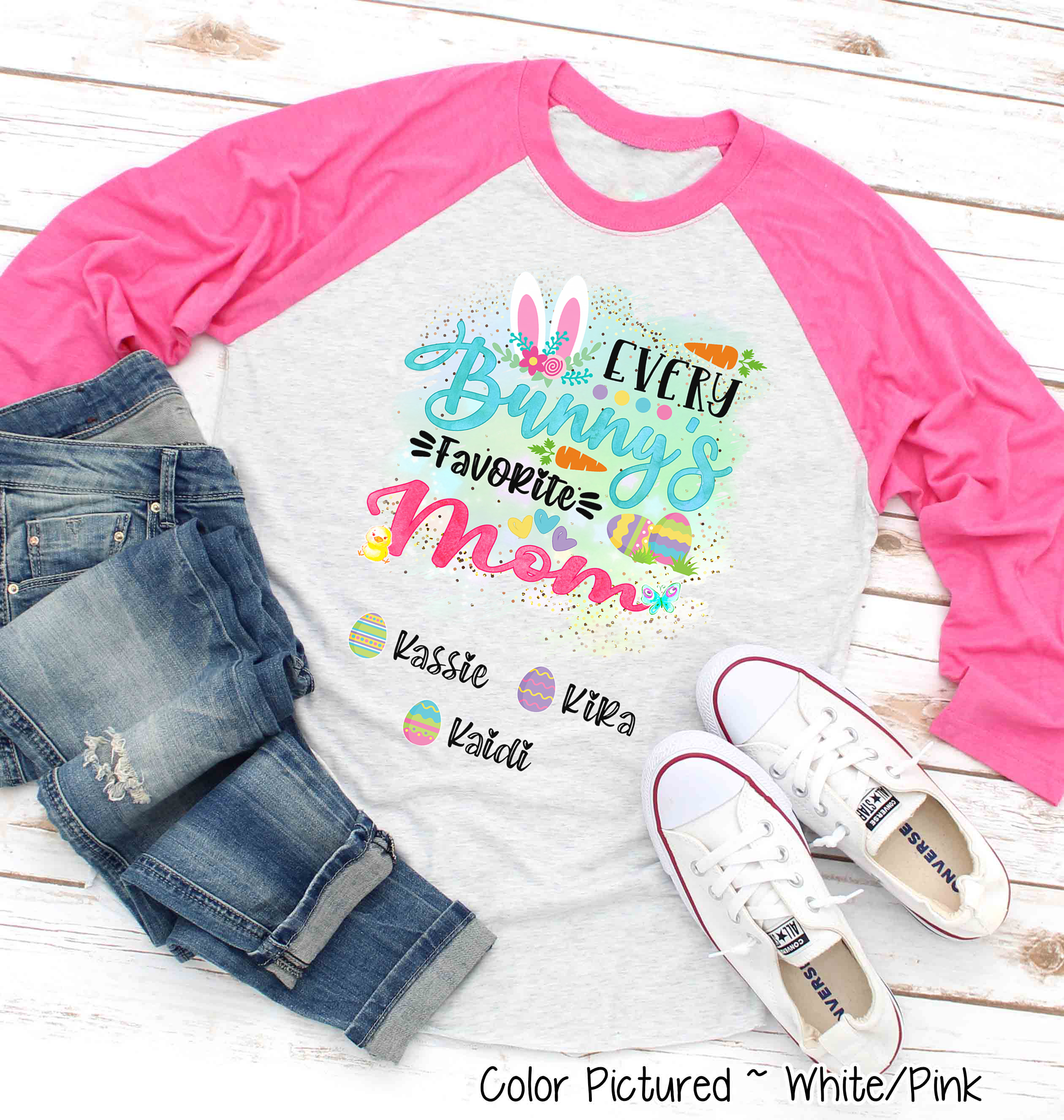 Personalized Shirt For Mom Every Bunny's Favorite & Easter Eggs with Custom Kids Name Easter Day Raglan Tee
