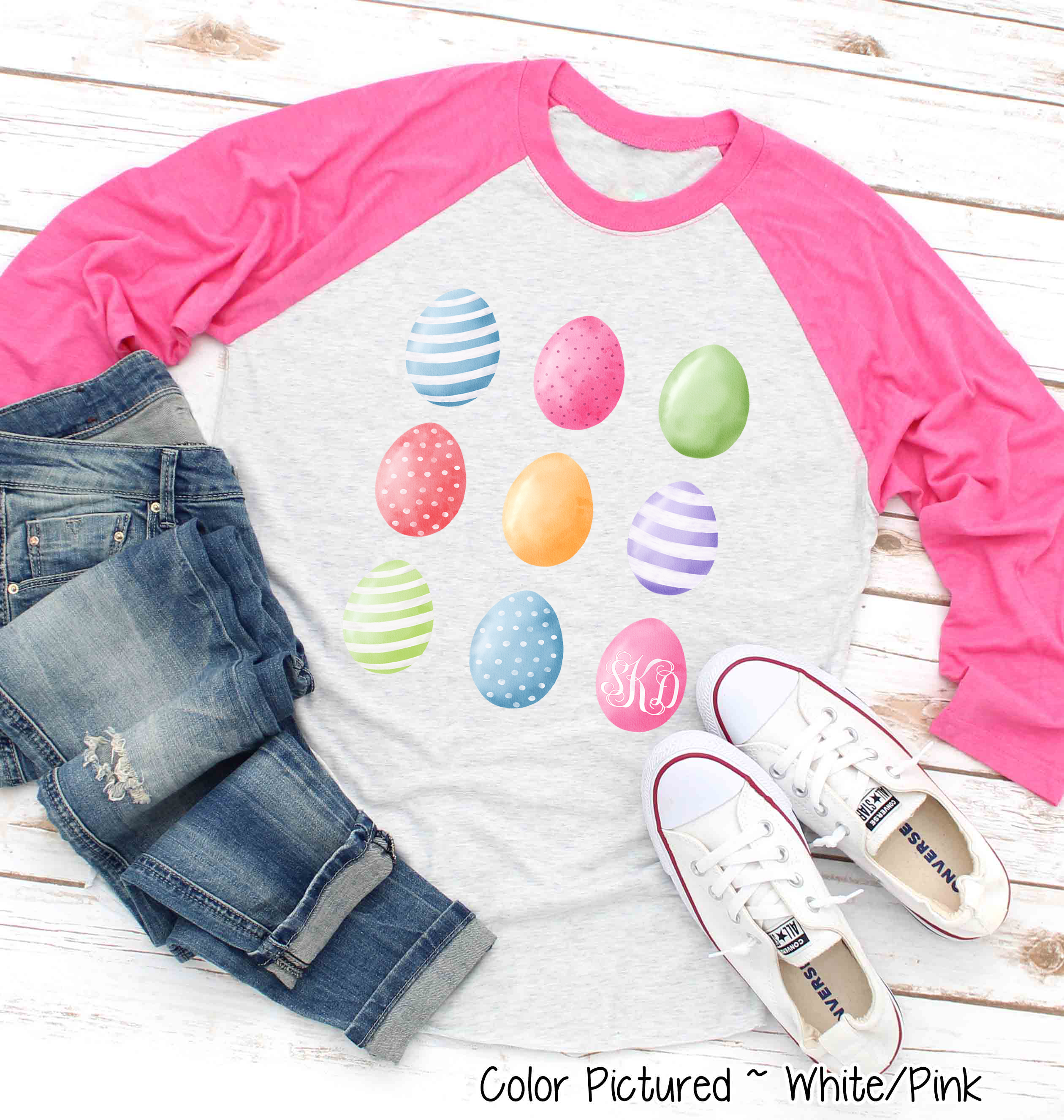 Monogram Watercolor Easter Eggs Raglan Tee