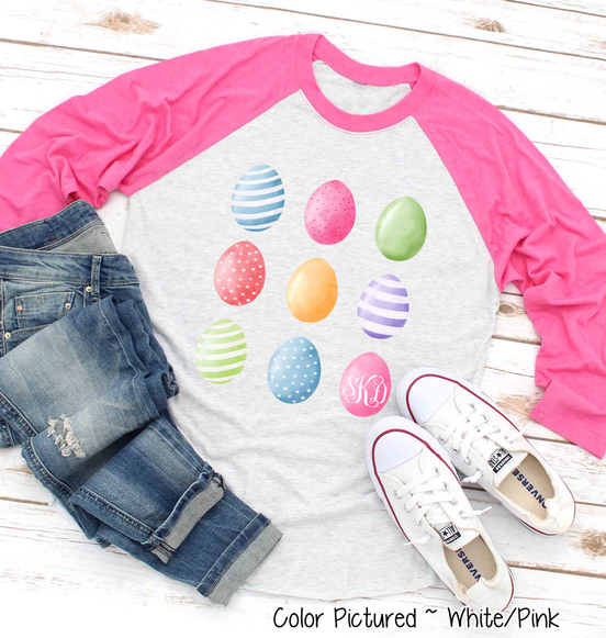 Monogram Watercolor Easter Eggs Raglan Tee