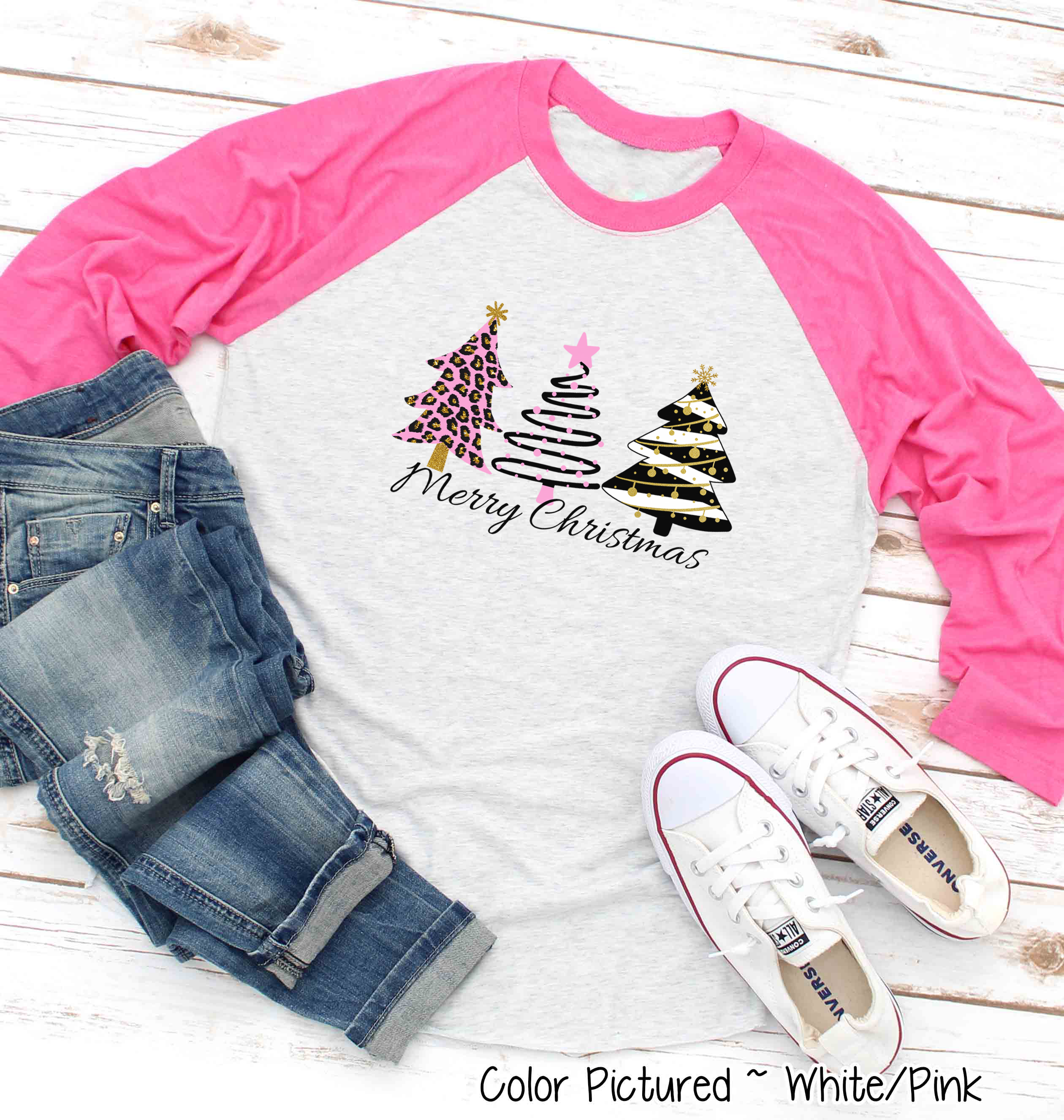 Modern Pink Black Gold Leopard Merry Christmas Tree Raglan Tee