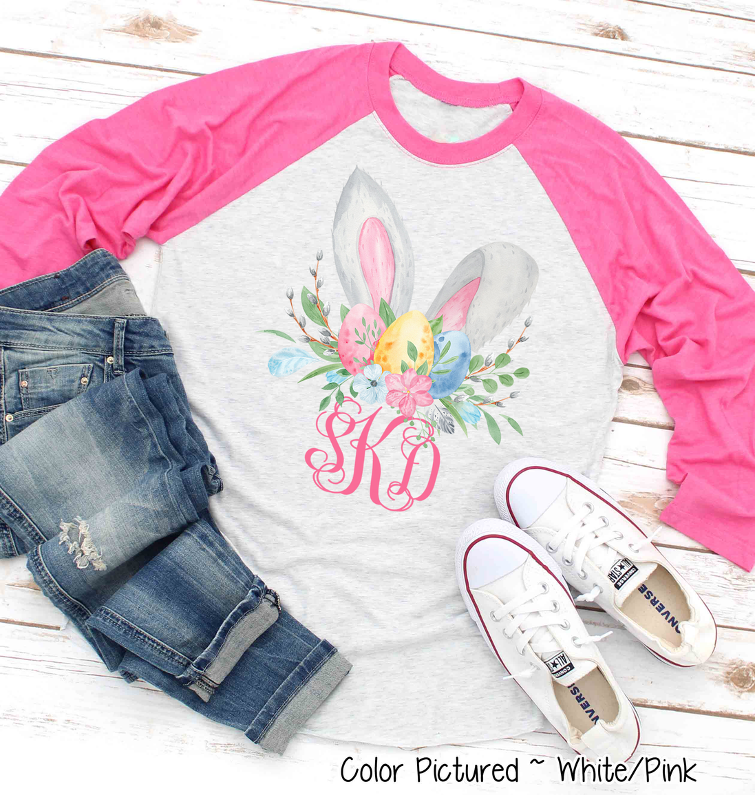Monogram Bunny Ears with Eggs Raglan Tee