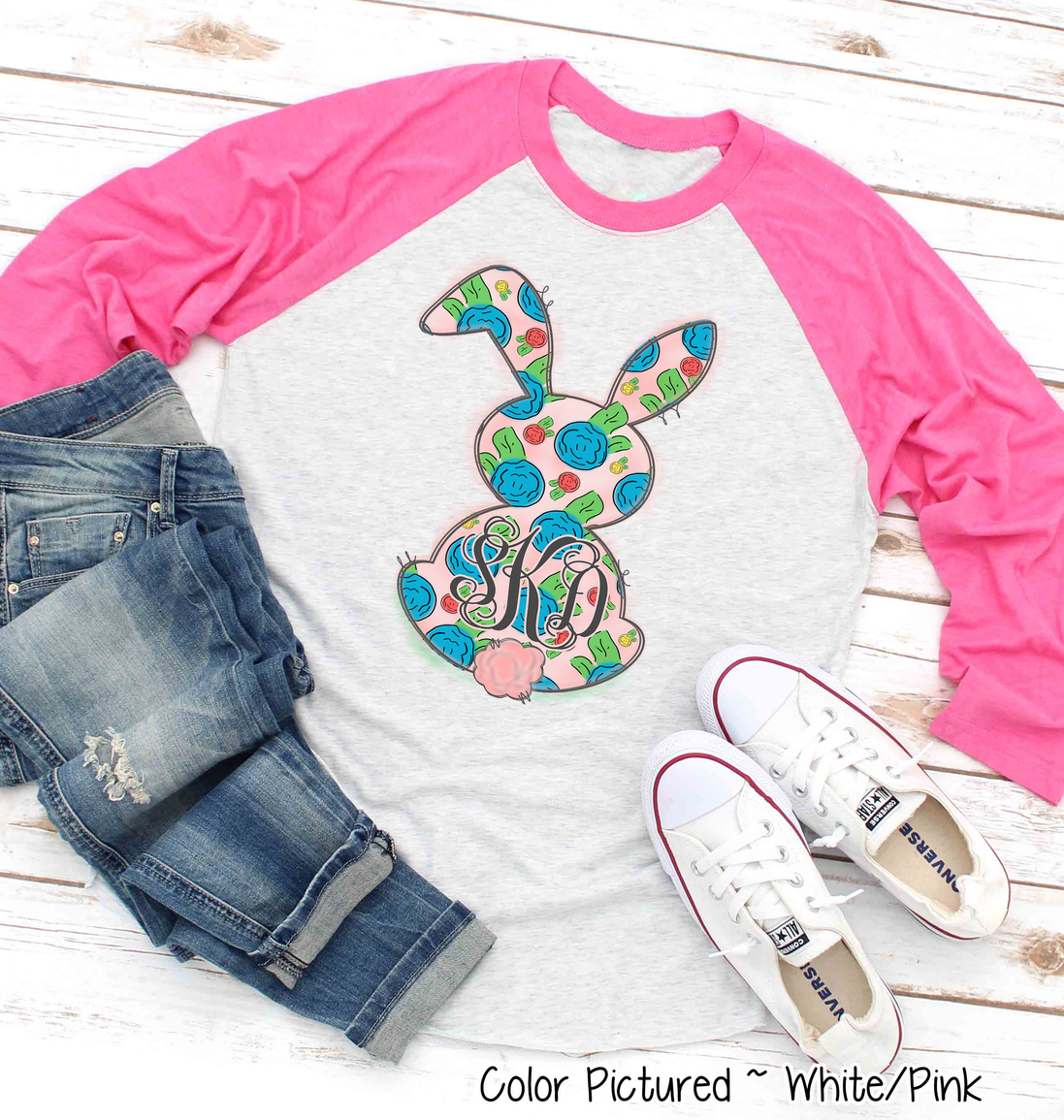 Monogram Fun Floral Bunny Easter Raglan Tee