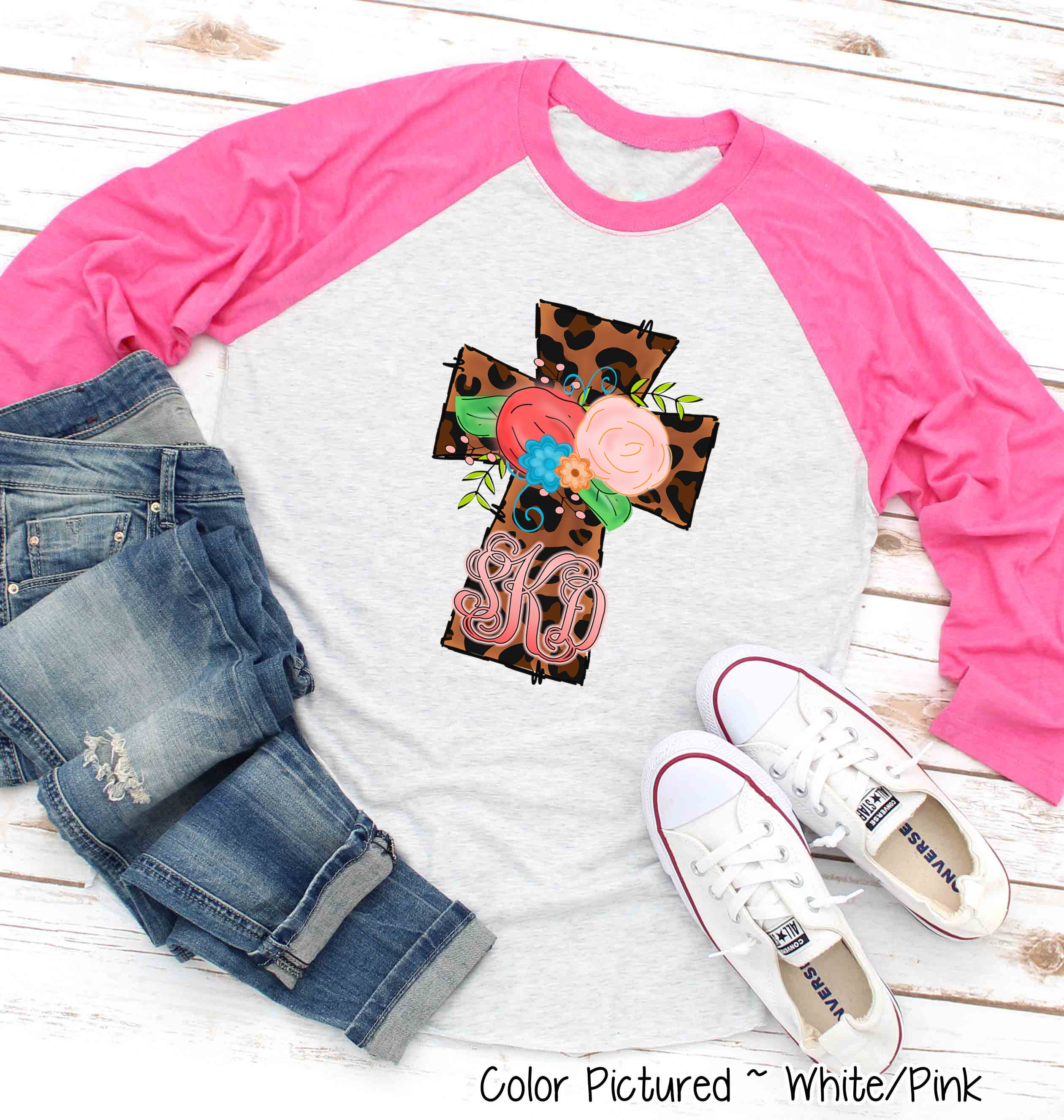 Monogram Leopard Print Cross Raglan Tee