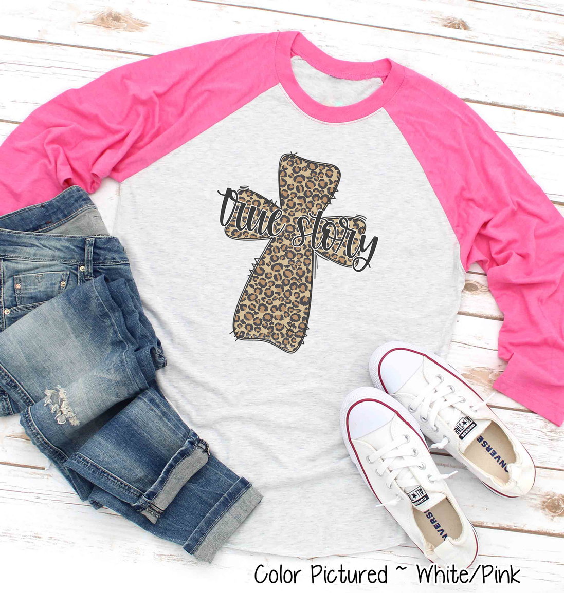 True Story Distressed Leopard Cross Easter Raglan Tee