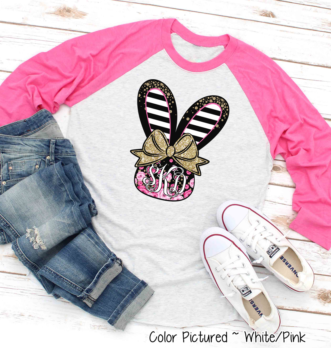 Monogram Black and Rose Bunny Head Easter Raglan Tee