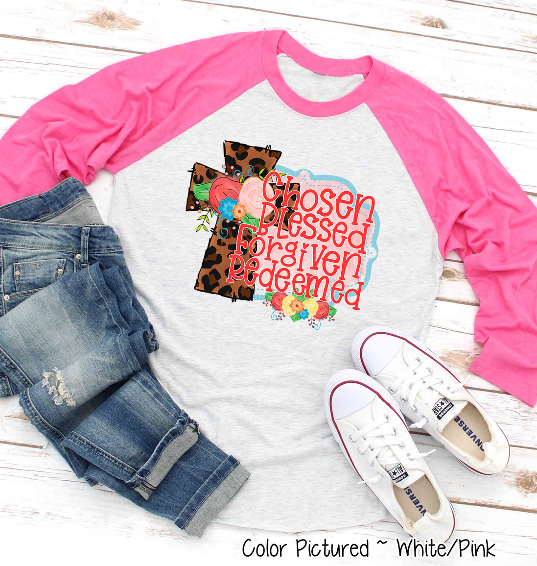 Leopard Cross Chosen Blessed Forgiven Redeemed Raglan Tee