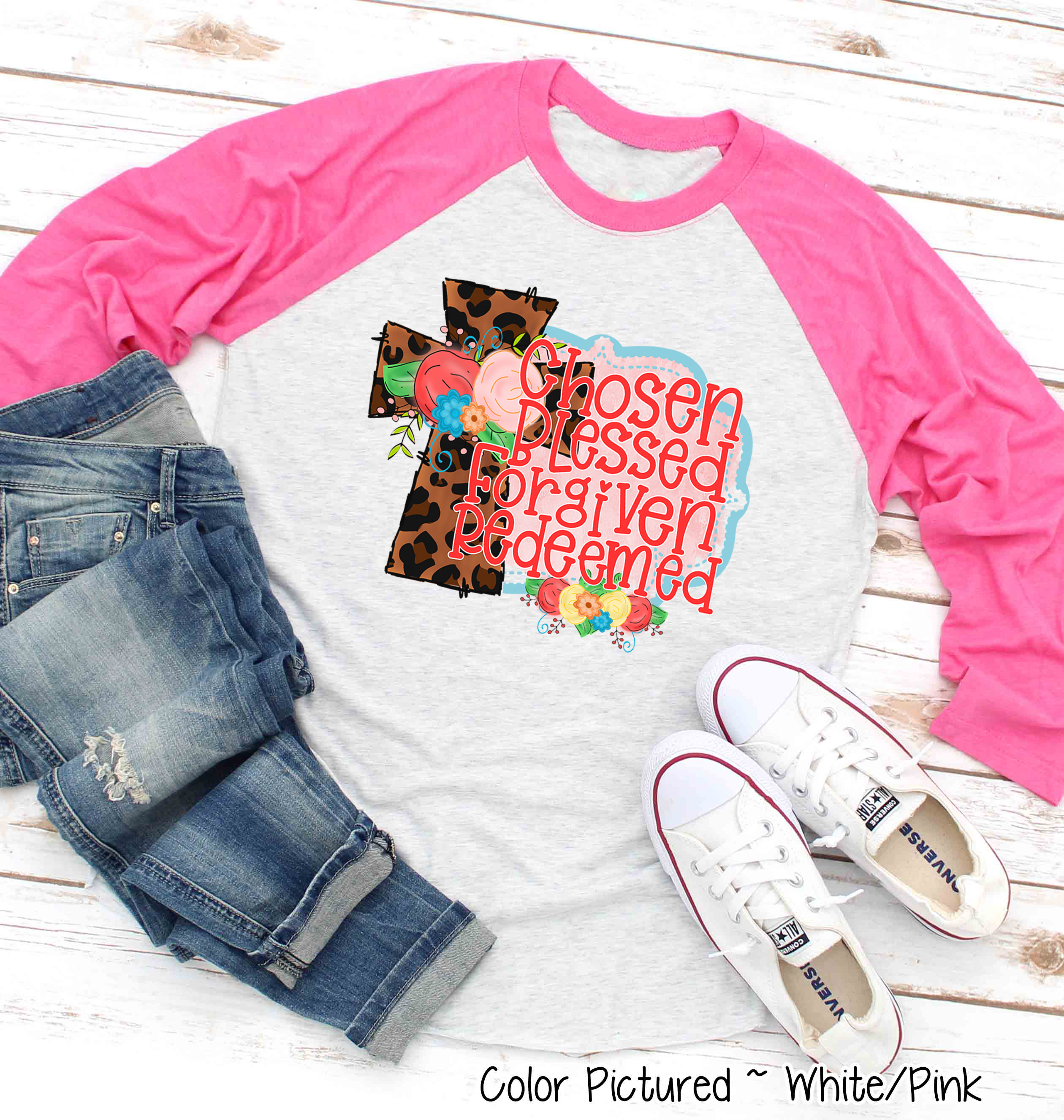Leopard Cross Chosen Blessed Forgiven Redeemed Raglan Tee