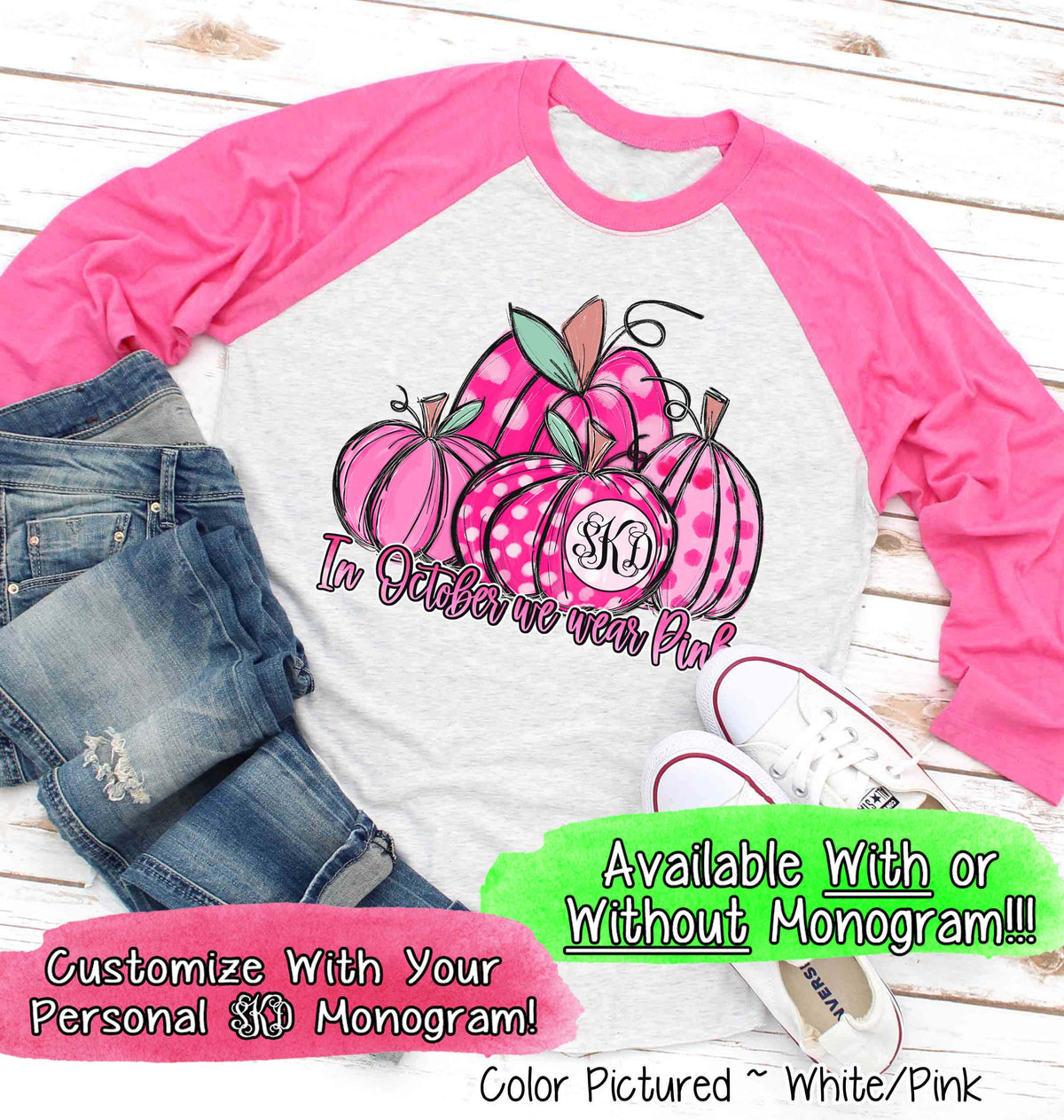 Pink Monogrammed Pumpkins ~ In October We Wear Pink ~ Breast Cancer Awareness Raglan Tee